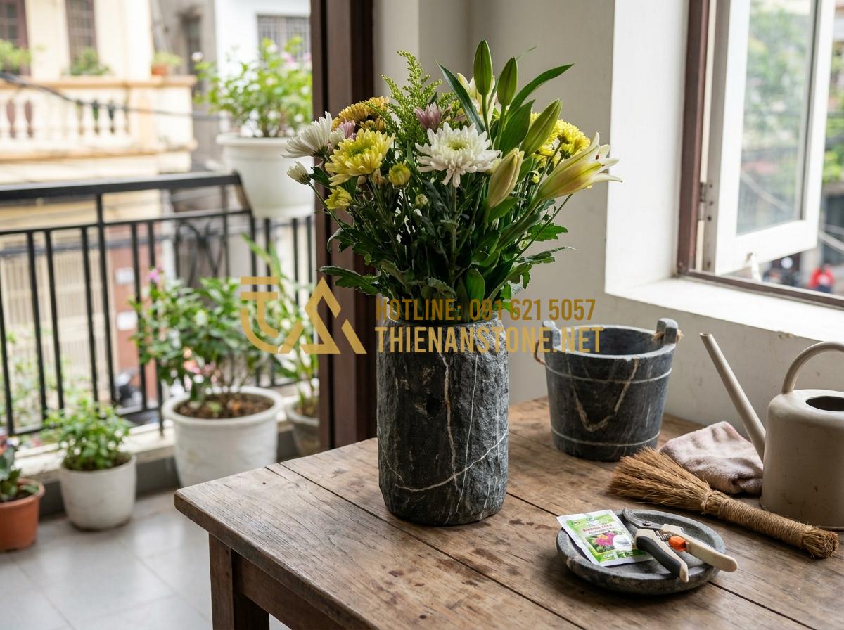 Gợi Ý 7 Cách Cắm Hoa Độc Đáo Với Bình Hoa Đá Cuội Khiến Không Gian Bừng Sáng - Hình 25 Gợi Ý 7 Cách Cắm Hoa Độc Đáo Với Bình Hoa Đá Cuội Khiến Không Gian Bừng Sáng - Maintenance tips illustration showing fresh pebble stone vase with long-lasting