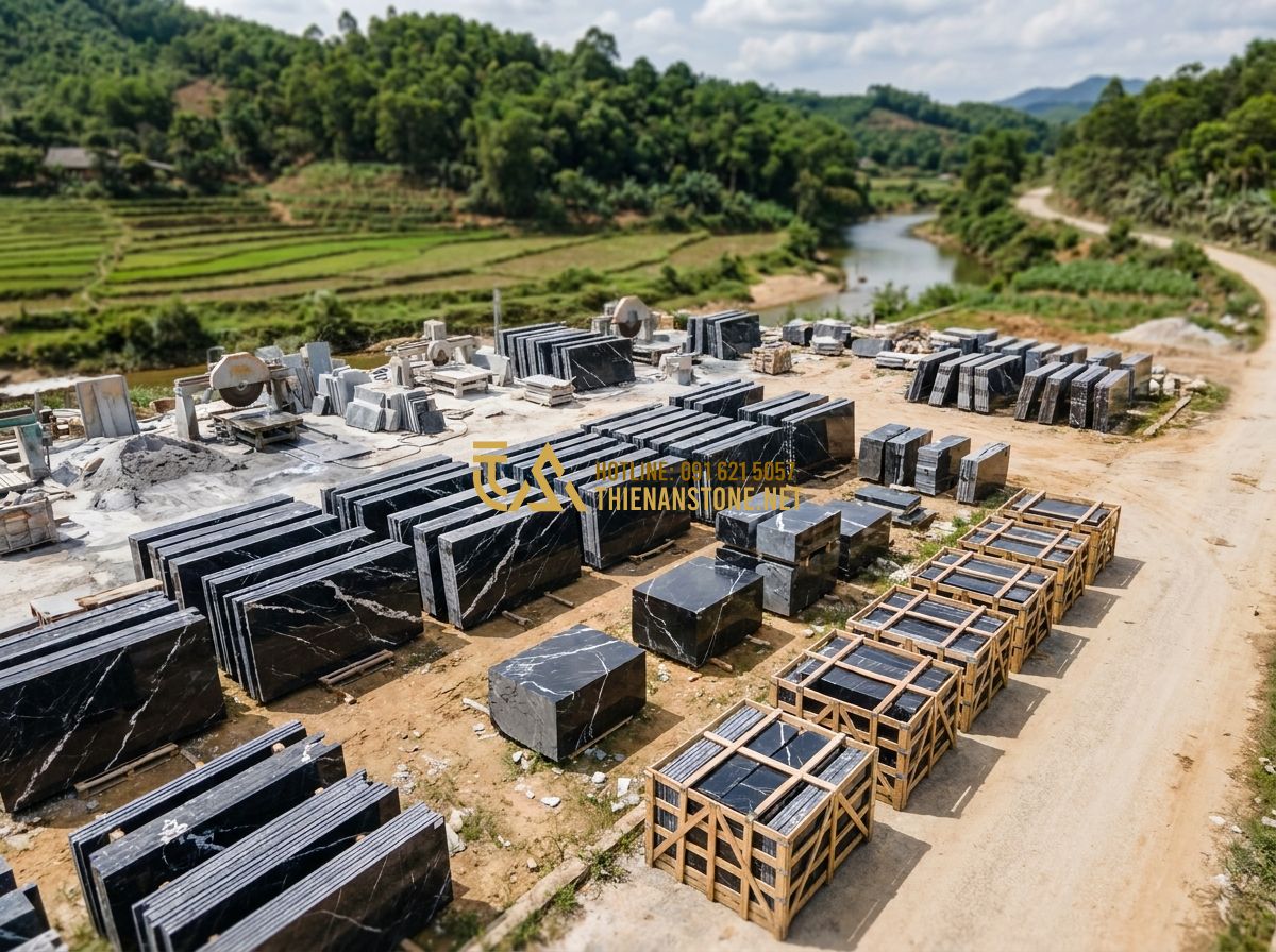 Hàng Rào Đá Cuội - Đá Chẻ - Đá Ong Tự Nhiên: Đặc Điểm, Ứng Dụng & So Sánh Chi Tiết - Hình 11 Hàng Rào Đá Cuội - Đá Chẻ - Đá Ong Tự Nhiên: Đặc Điểm, Ứng Dụng & So Sánh Chi Tiết - Tạo ảnh tiếng Anh: An aerial view of a large, organized stone masonry workshop (