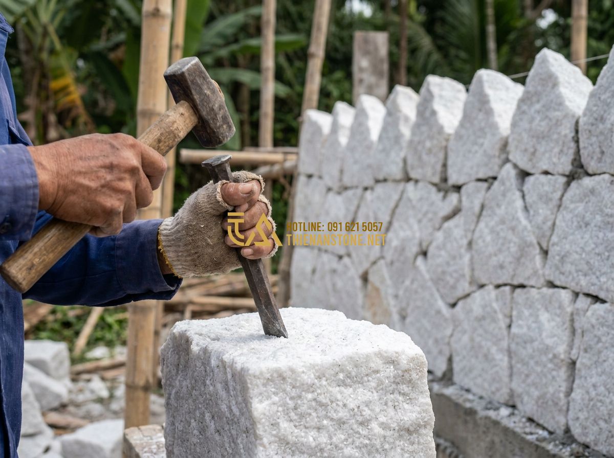 Hàng Rào Đá Cuội - Đá Chẻ - Đá Ong Tự Nhiên: Đặc Điểm, Ứng Dụng & So Sánh Chi Tiết - Hình 2 Hàng Rào Đá Cuội - Đá Chẻ - Đá Ong Tự Nhiên: Đặc Điểm, Ứng Dụng & So Sánh Chi Tiết - Tạo ảnh tiếng Anh: A detailed close-up of a stone splitter artisan's hands using