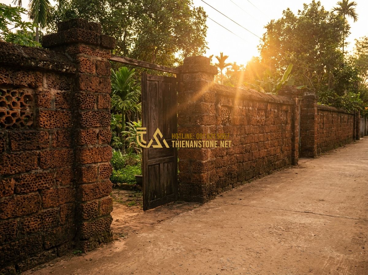 Hàng Rào Đá Cuội - Đá Chẻ - Đá Ong Tự Nhiên: Đặc Điểm, Ứng Dụng & So Sánh Chi Tiết - Hình 4 Hàng Rào Đá Cuội - Đá Chẻ - Đá Ong Tự Nhiên: Đặc Điểm, Ứng Dụng & So Sánh Chi Tiết - Tạo ảnh tiếng Anh: A nostalgic and warm scene of a traditional Vietnamese villag