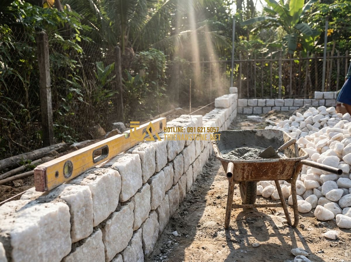 Hàng Rào Đá Cuội - Đá Chẻ - Đá Ong Tự Nhiên: Đặc Điểm, Ứng Dụng & So Sánh Chi Tiết - Hình 8 Hàng Rào Đá Cuội - Đá Chẻ - Đá Ong Tự Nhiên: Đặc Điểm, Ứng Dụng & So Sánh Chi Tiết - Tạo ảnh tiếng Anh: A construction worker meticulously lining up natural stones f
