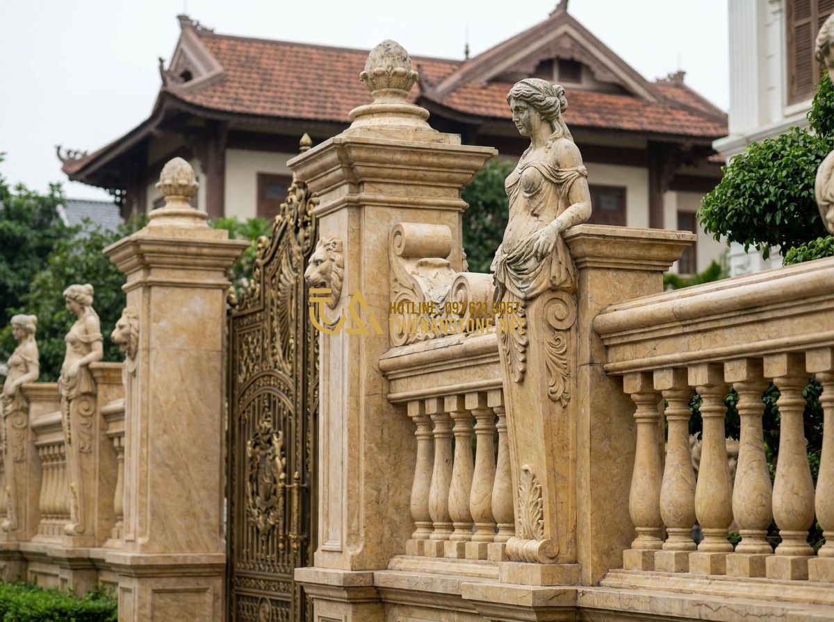 Hàng Rào Đá Đẹp Tự Nhiên 2026: 150+ Mẫu Hàng Rào Đá Sang Trọng Cho Nhà Phố & Lăng Mộ - Tạo ảnh tiếng Anh: A grand European-style stone fence for a mansion. The fence f