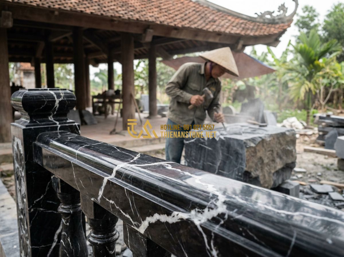 Hàng Rào Đá Đẹp Tự Nhiên 2026: 150+ Mẫu Hàng Rào Đá Sang Trọng Cho Nhà Phố & Lăng Mộ - Tạo ảnh tiếng Anh: Close-up of high-quality Thanh Hoa blue stone texture used fo