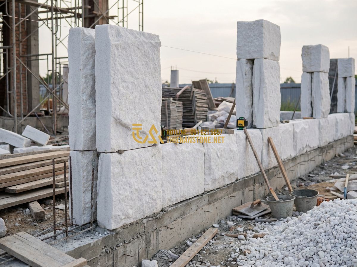 Hàng Rào Đá Đẹp Tự Nhiên 2026: 150+ Mẫu Hàng Rào Đá Sang Trọng Cho Nhà Phố & Lăng Mộ - Tạo ảnh tiếng Anh: Professional construction workers at a building site, meticul