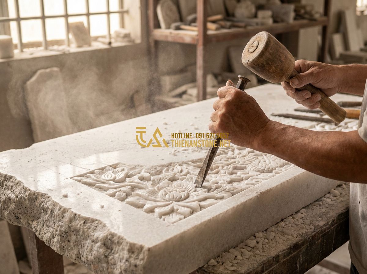 Hàng Rào Đá Lăng Mộ Đẹp: Mẫu Tường Rào Lăng Mộ Đá Mỹ Nghệ Chuẩn Phong Thủy 2026 - Hình 2 Hàng Rào Đá Lăng Mộ Đẹp: Mẫu Tường Rào Lăng Mộ Đá Mỹ Nghệ Chuẩn Phong Thủy 2026 - Tạo ảnh tiếng Anh: A professional stone mason at Thien An Stone workshop careful