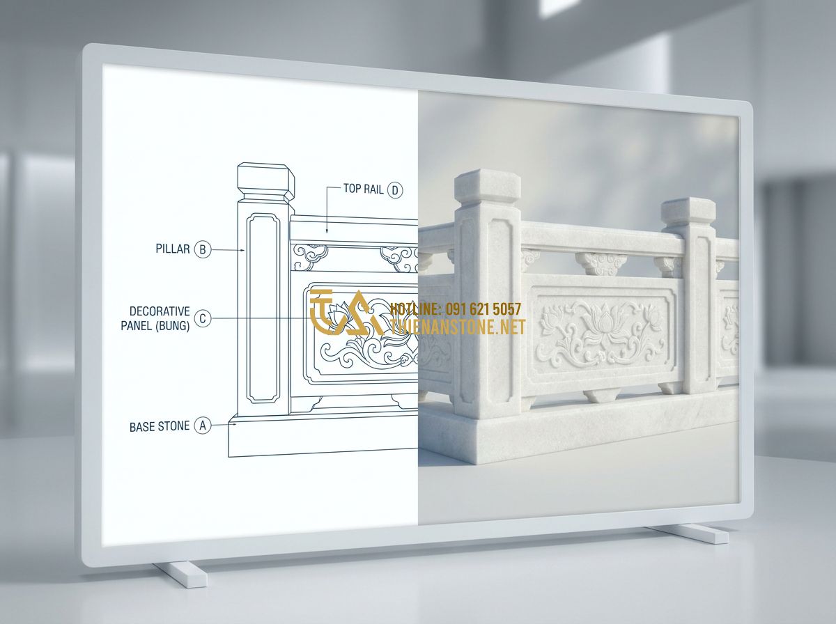 Hàng Rào Đá Lăng Mộ Đẹp: Mẫu Tường Rào Lăng Mộ Đá Mỹ Nghệ Chuẩn Phong Thủy 2026 - Hình 3 Hàng Rào Đá Lăng Mộ Đẹp: Mẫu Tường Rào Lăng Mộ Đá Mỹ Nghệ Chuẩn Phong Thủy 2026 - Tạo ảnh tiếng Anh: A detailed architectural diagram and 3D visualization showing