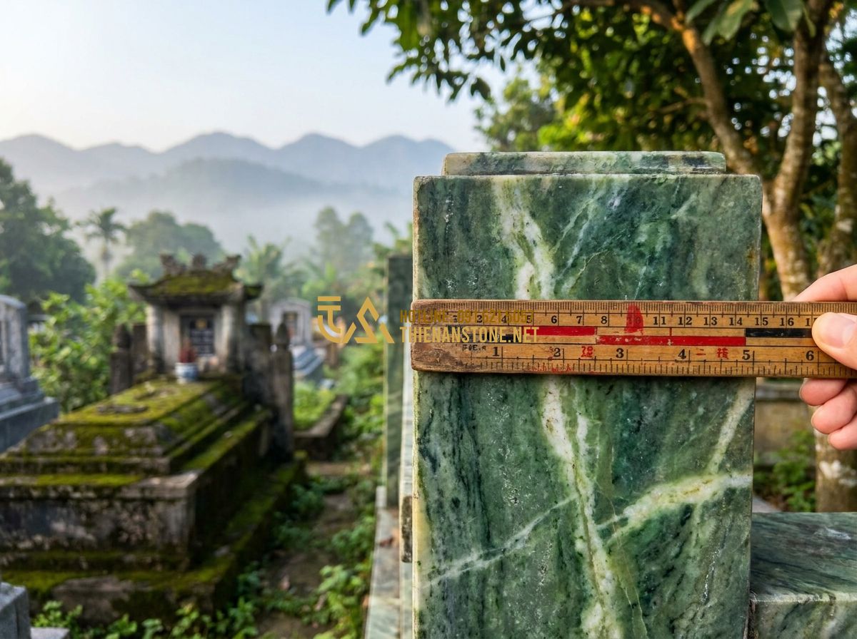 Hàng Rào Đá Lăng Mộ Đẹp: Mẫu Tường Rào Lăng Mộ Đá Mỹ Nghệ Chuẩn Phong Thủy 2026 - Hình 6 Hàng Rào Đá Lăng Mộ Đẹp: Mẫu Tường Rào Lăng Mộ Đá Mỹ Nghệ Chuẩn Phong Thủy 2026 - Tạo ảnh tiếng Anh: A professional Feng Shui master using a traditional Lu Ban ru