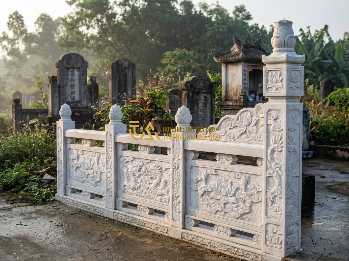 Hàng Rào Đá Lăng Mộ Đẹp: Mẫu Tường Rào Lăng Mộ Đá Mỹ Nghệ Chuẩn Phong Thủy 2026 - Hình 8 Hàng Rào Đá Lăng Mộ Đẹp: Mẫu Tường Rào Lăng Mộ Đá Mỹ Nghệ Chuẩn Phong Thủy 2026 - Tạo ảnh tiếng Anh: An emotional scene of a woman standing in front of a newly fi