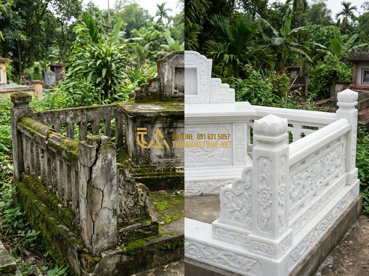Hàng Rào Đá Lăng Mộ Đẹp: Mẫu Tường Rào Lăng Mộ Đá Mỹ Nghệ Chuẩn Phong Thủy 2026 - Hình 9 Hàng Rào Đá Lăng Mộ Đẹp: Mẫu Tường Rào Lăng Mộ Đá Mỹ Nghệ Chuẩn Phong Thủy 2026 - Tạo ảnh tiếng Anh: A side-by-side comparison visualization. On the left: a weath