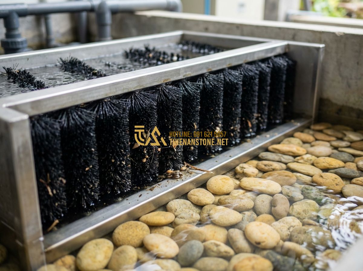 Hệ Thống Lọc Hồ Cá Koi: Thi Công & Lựa Chọn Thiết Bị Đúng Kỹ Thuật - A close-up view of a mechanical filtration chamber in a professional koi pond. T