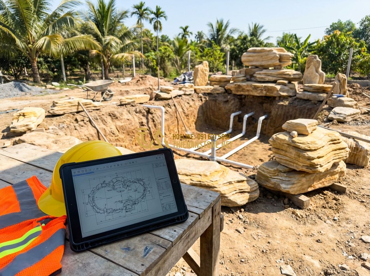 Hệ Thống Lọc Hồ Cá Koi: Thi Công & Lựa Chọn Thiết Bị Đúng Kỹ Thuật - A professional engineer at a construction site for a koi pond, looking at a deta