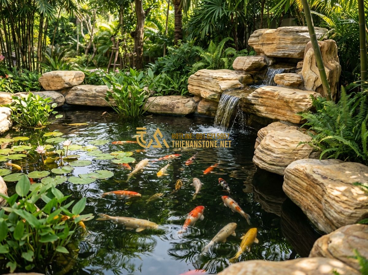 Hệ Thống Lọc Hồ Cá Koi: Thi Công & Lựa Chọn Thiết Bị Đúng Kỹ Thuật - A breathtaking outdoor Koi pond integrated with a lush aquatic garden (aquascape