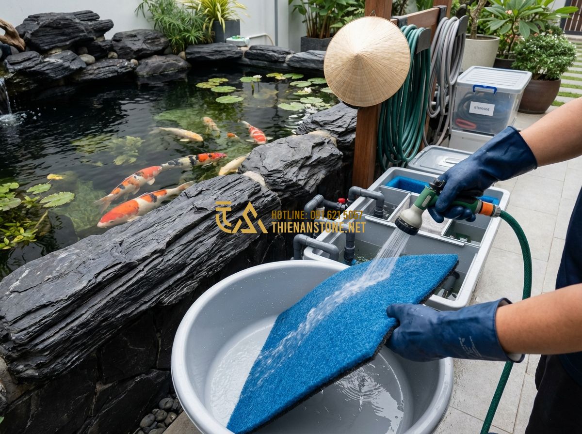Hệ Thống Lọc Hồ Cá Koi: Thi Công & Lựa Chọn Thiết Bị Đúng Kỹ Thuật - A person wearing waterproof gloves is carefully cleaning a koi pond filter syste