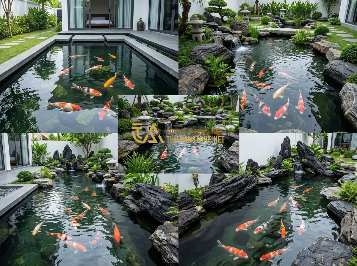 Hệ Thống Lọc Hồ Cá Koi: Thi Công & Lựa Chọn Thiết Bị Đúng Kỹ Thuật - A montage of beautiful Koi pond projects completed by Thien An Stone. The image
