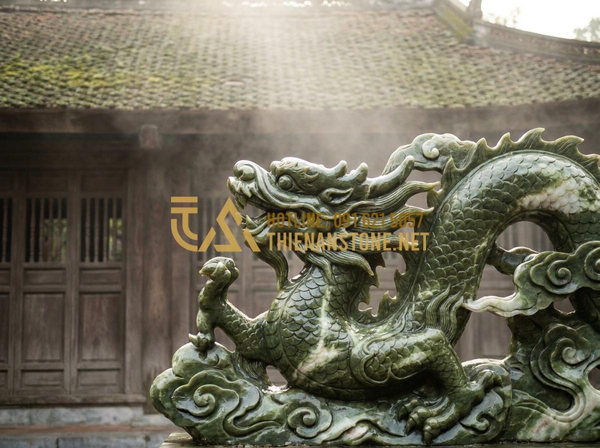 Hỏi Đáp: Vỡ Chiếu Rồng Đá Có Sao Không? Cách Hóa Giải Theo Phong Thủy - Tạo ảnh tiếng Anh: A majestic stone dragon relief (Chieu Rong Da) placed in fron