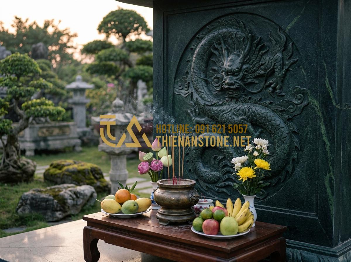 Hỏi Đáp: Vỡ Chiếu Rồng Đá Có Sao Không? Cách Hóa Giải Theo Phong Thủy - Tạo ảnh tiếng Anh: A serene scene of a traditional Vietnamese offering ceremony