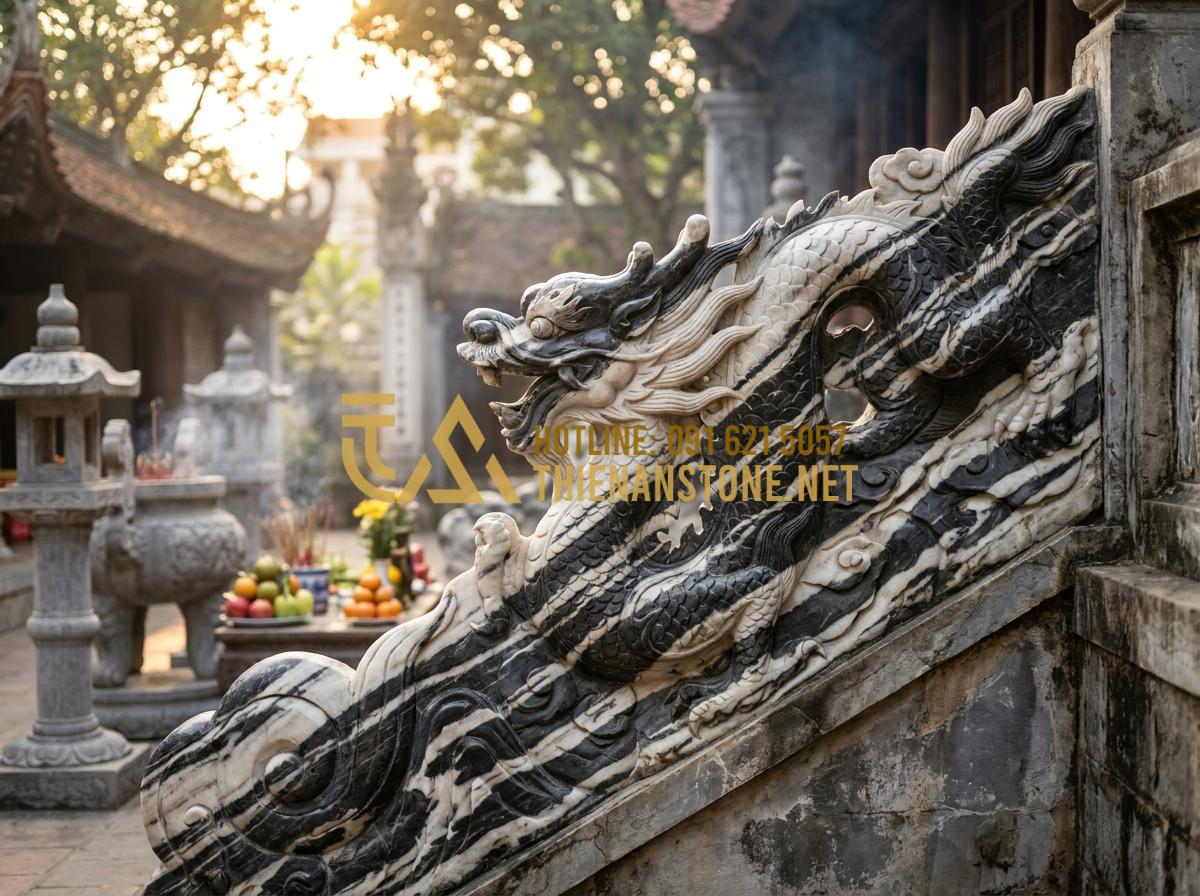 Hỏi Đáp: Vỡ Chiếu Rồng Đá Có Sao Không? Cách Hóa Giải Theo Phong Thủy - Tạo ảnh tiếng Anh: A final celebratory scene at the temple. The new stone dragon