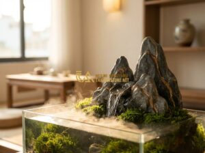 Hòn Non Bộ Cho Người Mệnh Thủy Và Mệnh Mộc - Lựa Chọn Hoàn Hảo - Create a professional image of a serene indoor miniature rockery (non bo) with a