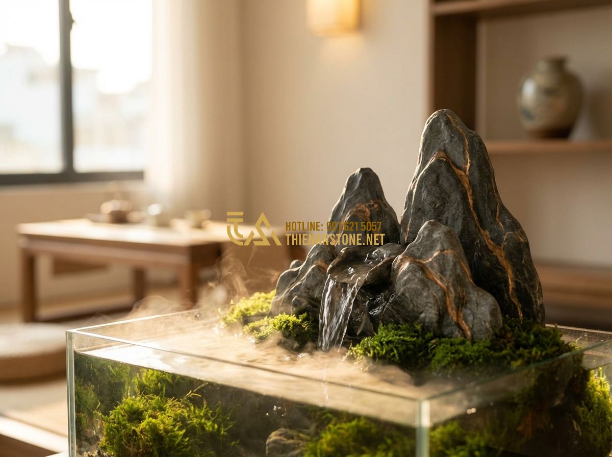 Hòn Non Bộ Cho Người Mệnh Thủy Và Mệnh Mộc - Lựa Chọn Hoàn Hảo - Create a professional image of a serene indoor miniature rockery (non bo) with a