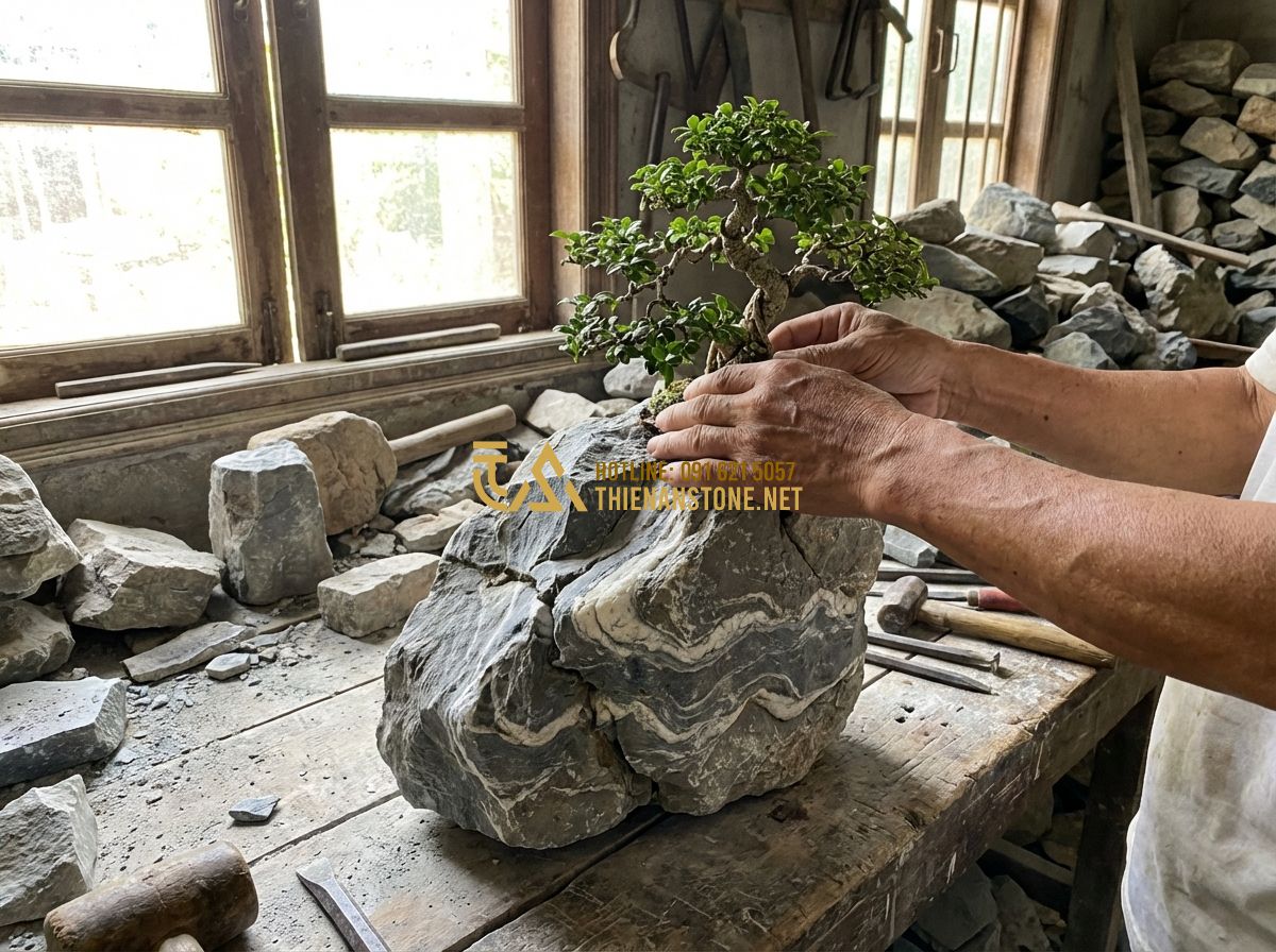 Hòn Non Bộ Cho Người Mệnh Thủy Và Mệnh Mộc - Lựa Chọn Hoàn Hảo - Create a high-quality photo of an artisan's hands carefully placing a small bons