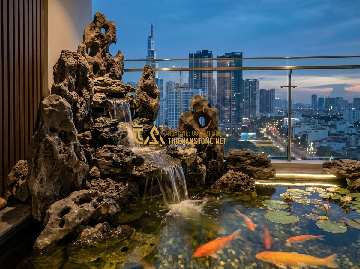 Hòn Non Bộ Cho Người Mệnh Thủy Và Mệnh Mộc - Lựa Chọn Hoàn Hảo - Professional architectural photograph of a luxury balcony featuring a large blac