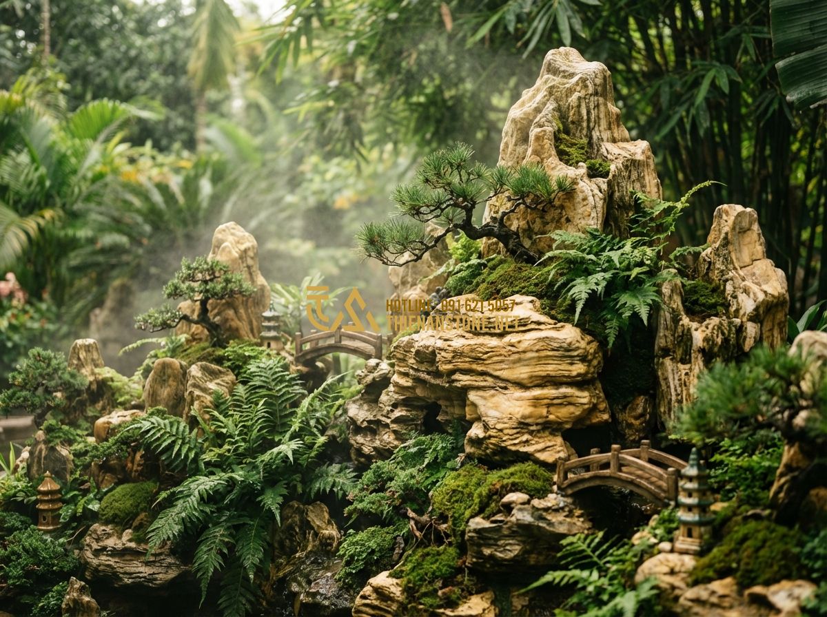 Hòn Non Bộ Cho Người Mệnh Thủy Và Mệnh Mộc - Lựa Chọn Hoàn Hảo - Create a lush and detailed image of a rockery dominated by greenery. Ferns, moss