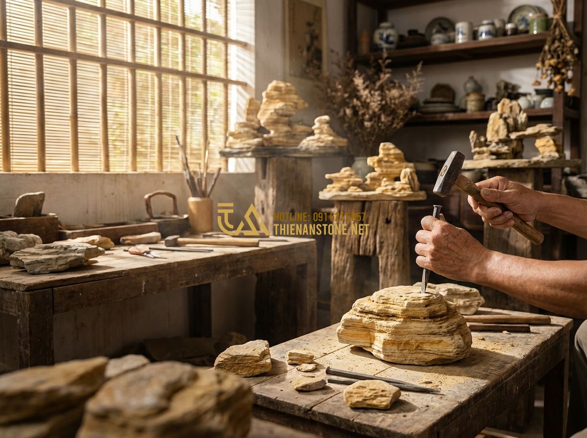 Hòn Non Bộ Cho Người Mệnh Thủy Và Mệnh Mộc - Lựa Chọn Hoàn Hảo - An artistic shot of an artisan in a workshop using a small chisel to refine the