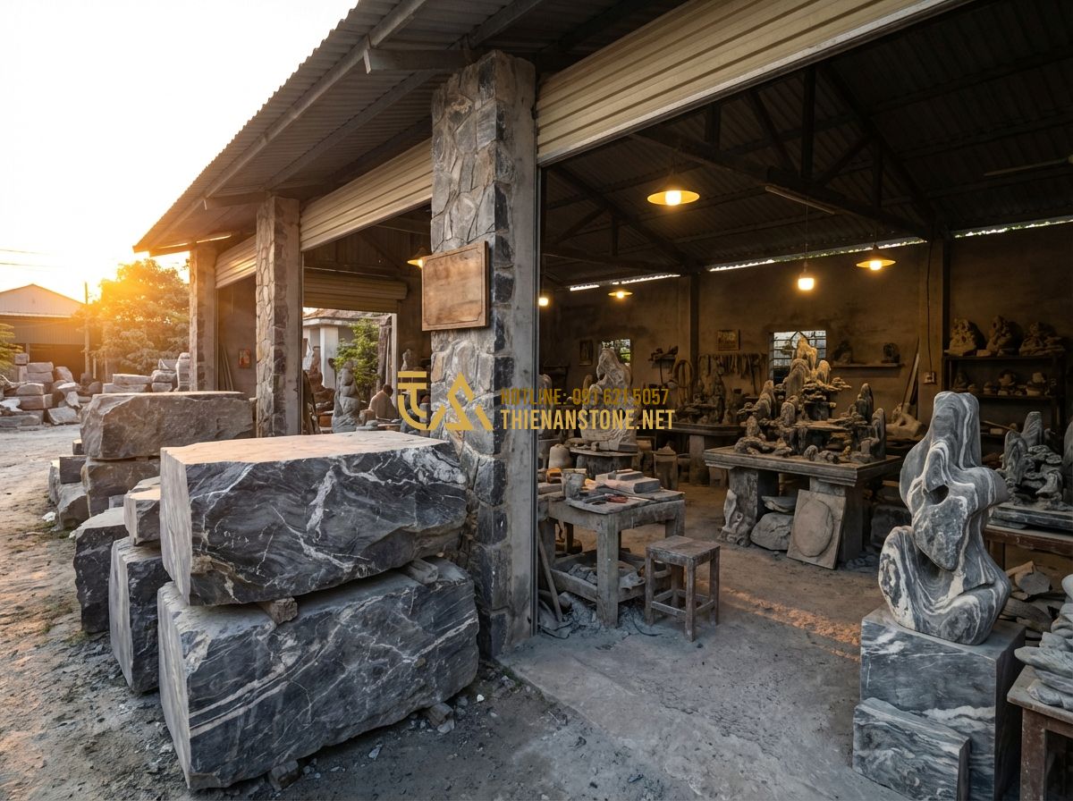 Hòn Non Bộ Cho Người Mệnh Thủy Và Mệnh Mộc - Lựa Chọn Hoàn Hảo - A wide-angle, cinematic shot of a grand traditional stone workshop at sunset. La