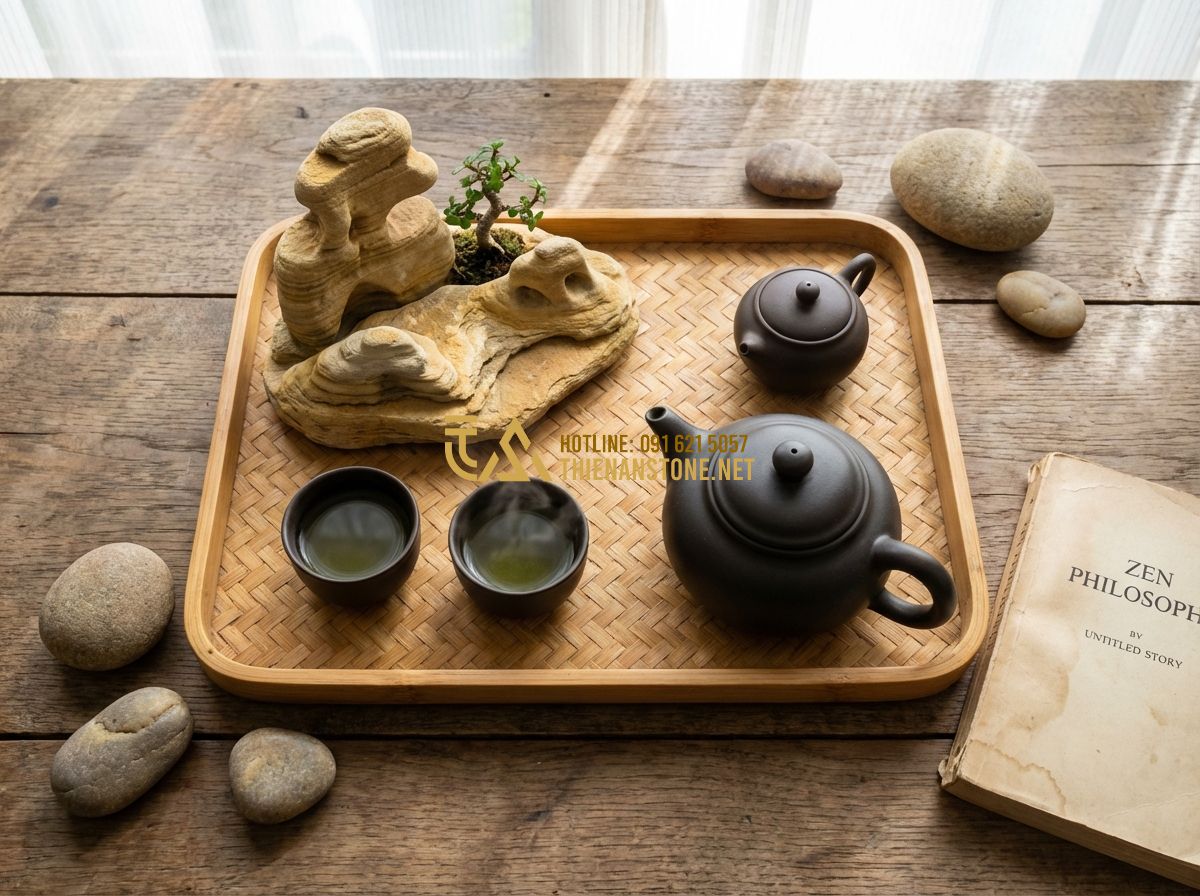 Hòn Non Bộ Cho Người Mệnh Thủy Và Mệnh Mộc - Lựa Chọn Hoàn Hảo - Create a peaceful, overhead flat-lay image of a tea set on a bamboo tray next to