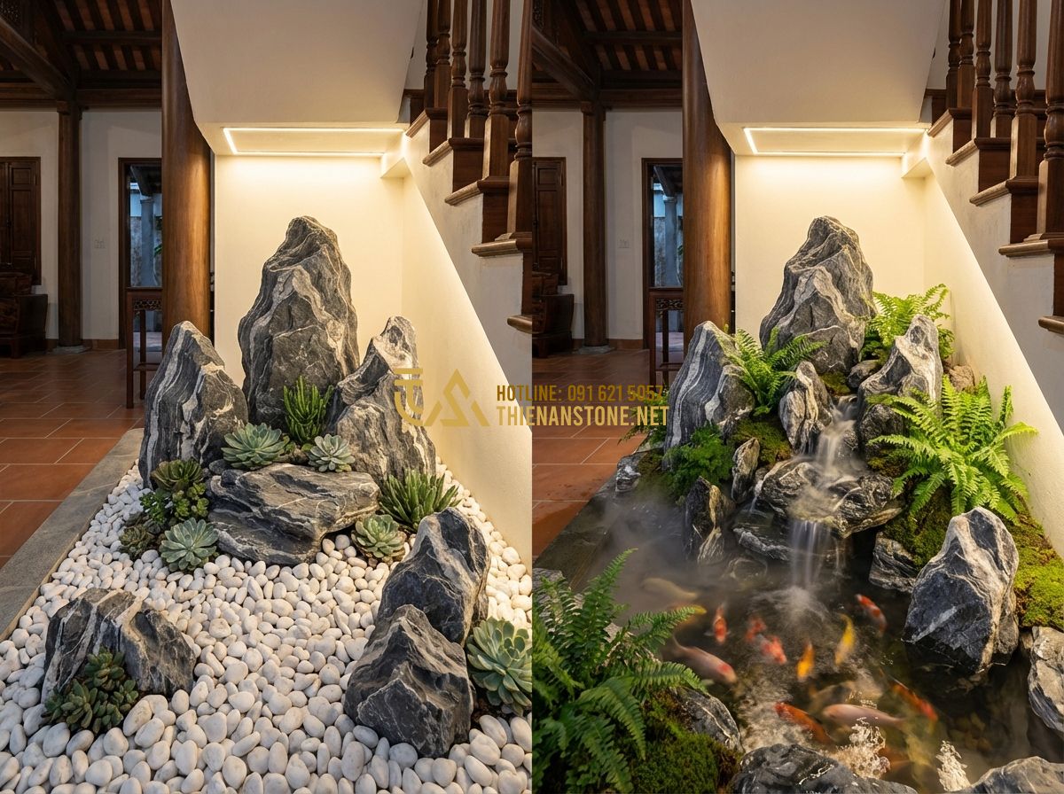 Hòn Non Bộ Dưới Gầm Cầu Thang: Ý Tưởng Tiểu Cảnh Đẹp Tiết Kiệm Không Gian - Tạo ảnh tiếng Anh: A comparison layout showing two types of indoor rockeries und