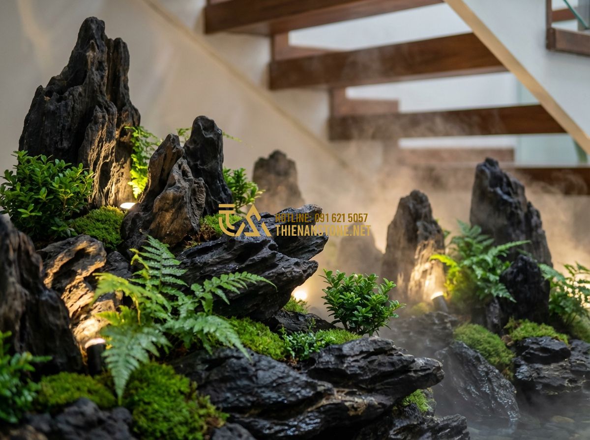 Hòn Non Bộ Dưới Gầm Cầu Thang: Ý Tưởng Tiểu Cảnh Đẹp Tiết Kiệm Không Gian - Tạo ảnh tiếng Anh: Close-up of a miniature rockery under a staircase, focusing o