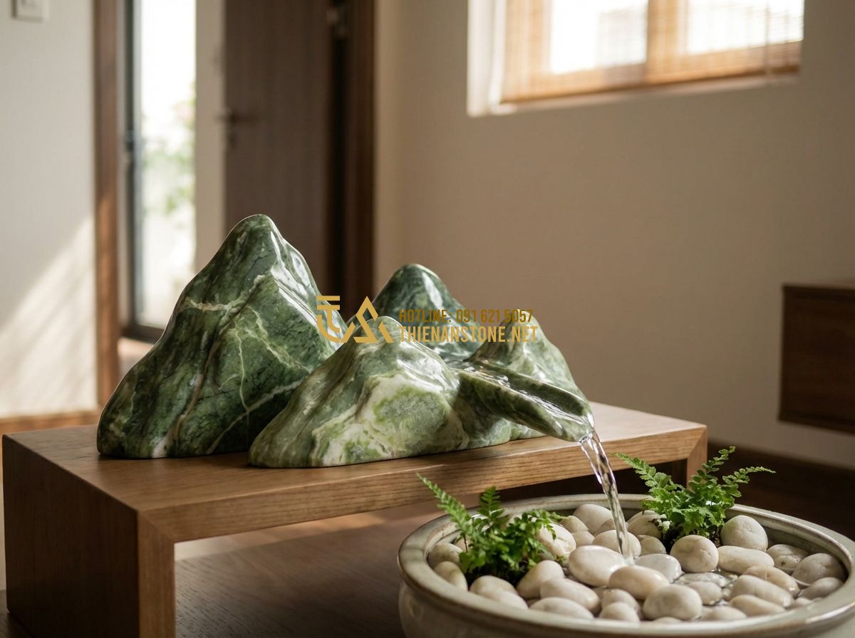 Hòn Non Bộ Dưới Gầm Cầu Thang: Ý Tưởng Tiểu Cảnh Đẹp Tiết Kiệm Không Gian - Tạo ảnh tiếng Anh: A serene and balanced feng shui setup of an indoor rockery. T
