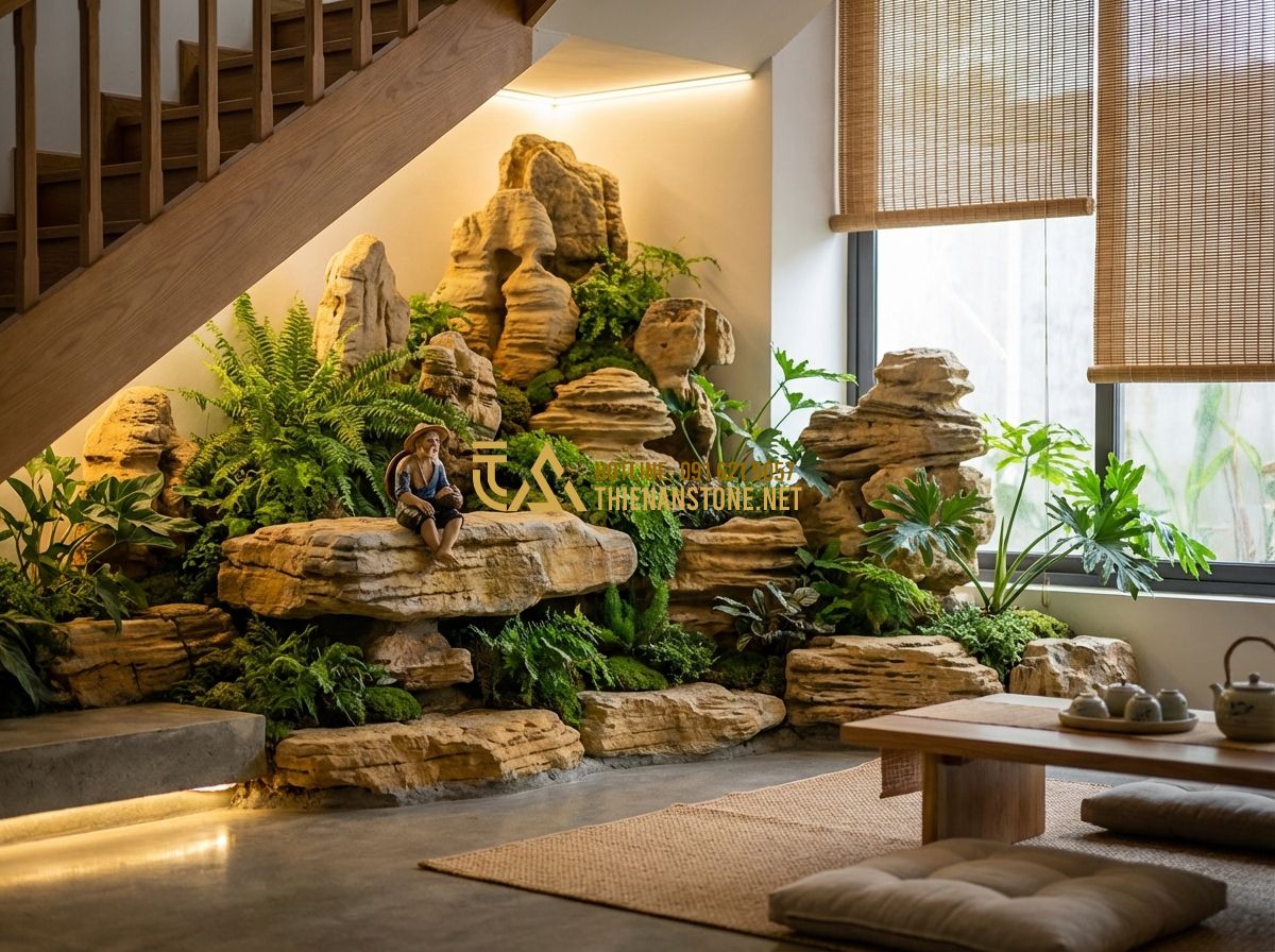 Hòn Non Bộ Dưới Gầm Cầu Thang: Ý Tưởng Tiểu Cảnh Đẹp Tiết Kiệm Không Gian - Tạo ảnh tiếng Anh: A heartwarming scene of a family - a young couple and their s