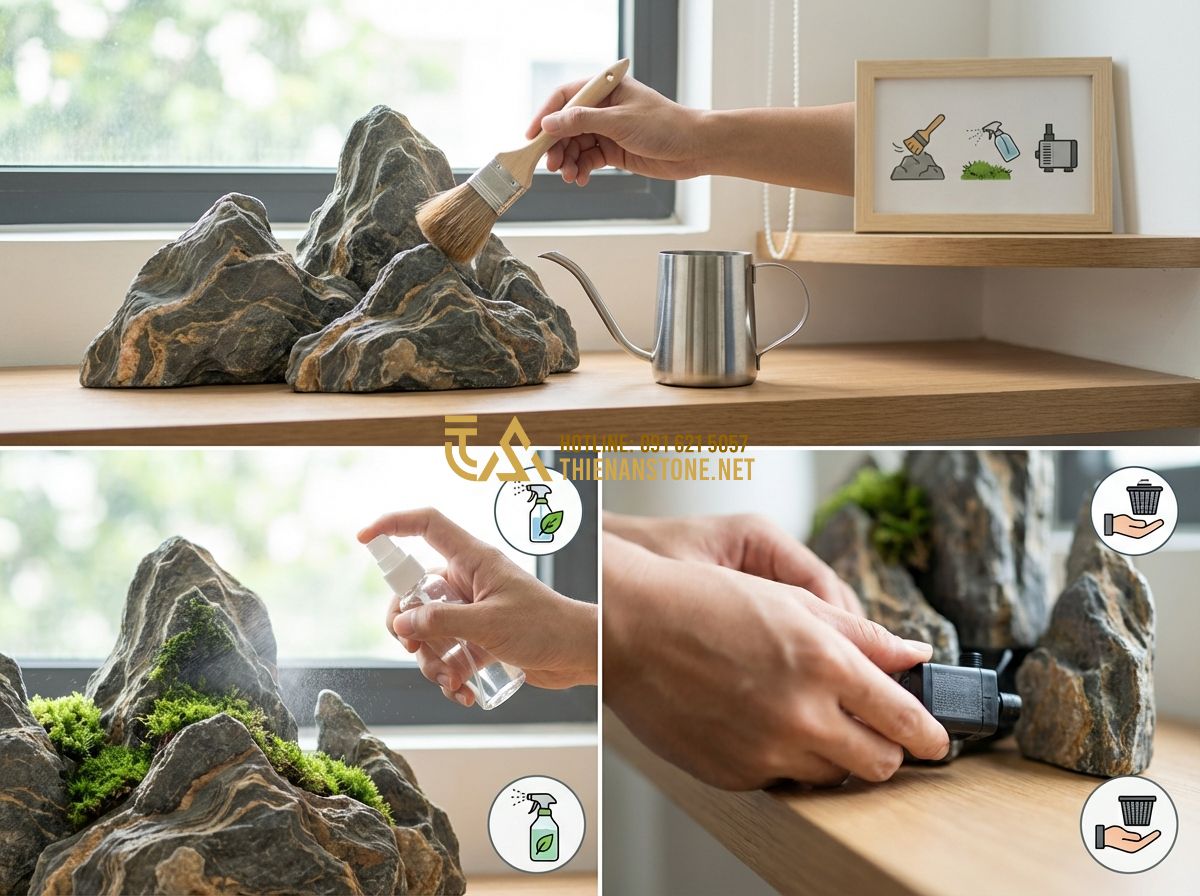 Hòn Non Bộ Dưới Gầm Cầu Thang: Ý Tưởng Tiểu Cảnh Đẹp Tiết Kiệm Không Gian - Tạo ảnh tiếng Anh: A useful instructional graphic showing a homeowner gently car