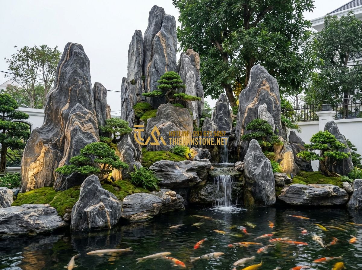 Hòn Non Bộ Hồ Cá Koi & Bể Cá Mini: Thi Công Tiểu Cảnh Nuôi Cá Đẹp - Tạo ảnh tiếng Anh: A majestic large-scale outdoor landscape featuring a tall nat
