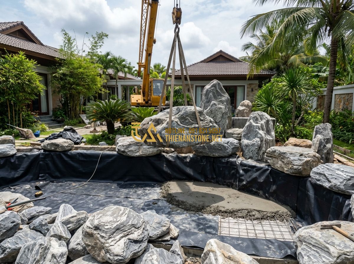 Hòn Non Bộ Hồ Cá Koi & Bể Cá Mini: Thi Công Tiểu Cảnh Nuôi Cá Đẹp - Tạo ảnh tiếng Anh: Professional construction process of a large stone rockery. S
