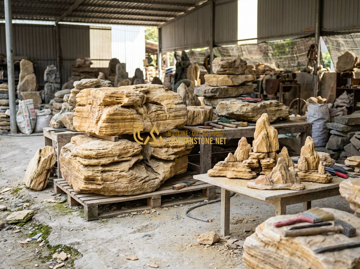 Hòn Non Bộ Hồ Cá Koi & Bể Cá Mini: Thi Công Tiểu Cảnh Nuôi Cá Đẹp - Tạo ảnh tiếng Anh: A collection of different natural stones used for Hon Non Bo.
