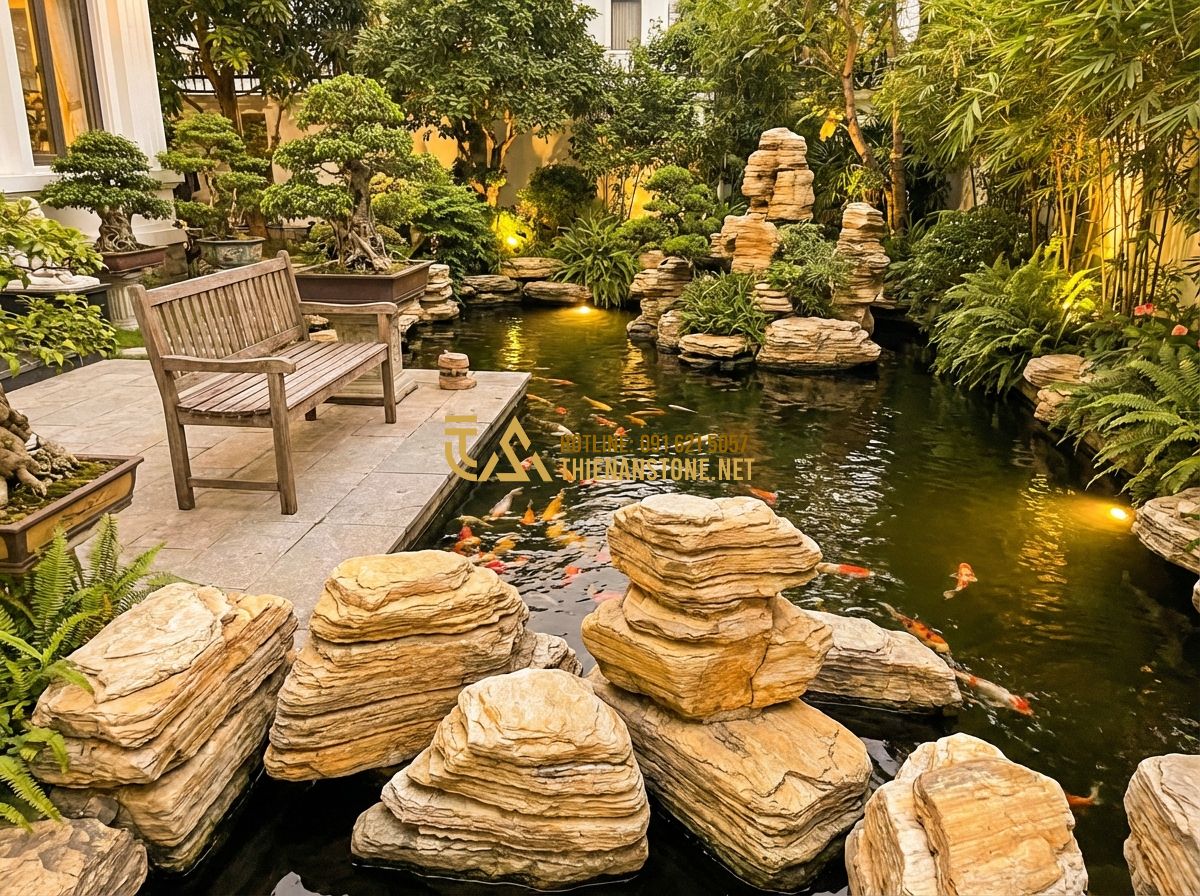 Hòn Non Bộ Hồ Cá Koi & Bể Cá Mini: Thi Công Tiểu Cảnh Nuôi Cá Đẹp - Tạo ảnh tiếng Anh: A serene evening scene in a Vietnamese garden. An elderly man