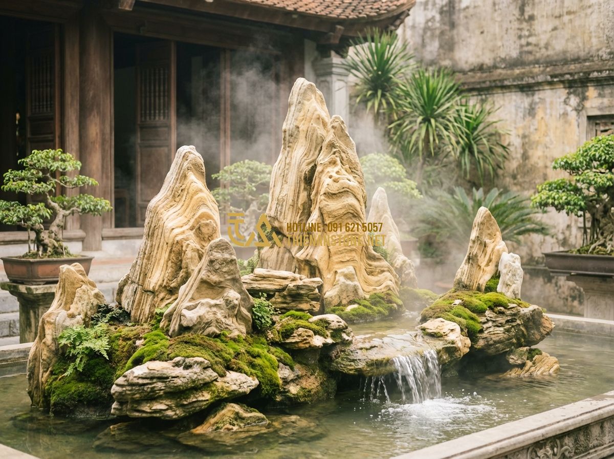 Hòn Non Bộ Phong Thủy: Đặt Ở Đâu, Cho Người Mệnh Gì Để Thu Hút Tài Lộc? - Tạo ảnh tiếng Anh: A majestic miniature landscape (Hon Non Bo) with sharp stone