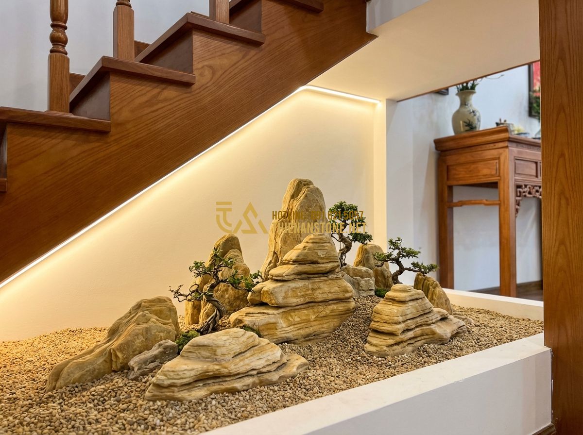Hòn Non Bộ Phong Thủy: Đặt Ở Đâu, Cho Người Mệnh Gì Để Thu Hút Tài Lộc? - Tạo ảnh tiếng Anh: A modern interior living room featuring a small, elegant dry