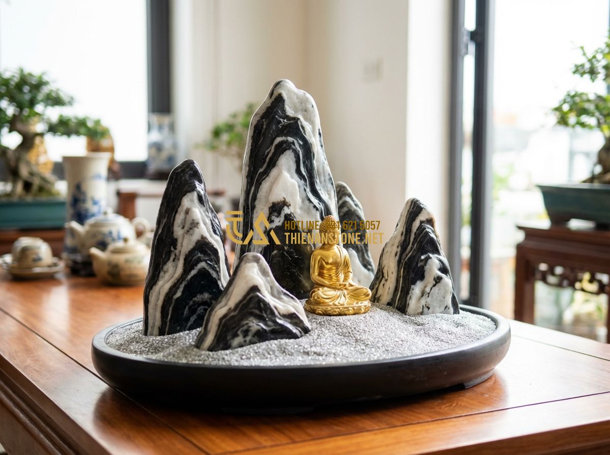 Hòn Non Bộ Phong Thủy: Đặt Ở Đâu, Cho Người Mệnh Gì Để Thu Hút Tài Lộc? - Tạo ảnh tiếng Anh: A professional indoor miniature mountain for a person of the