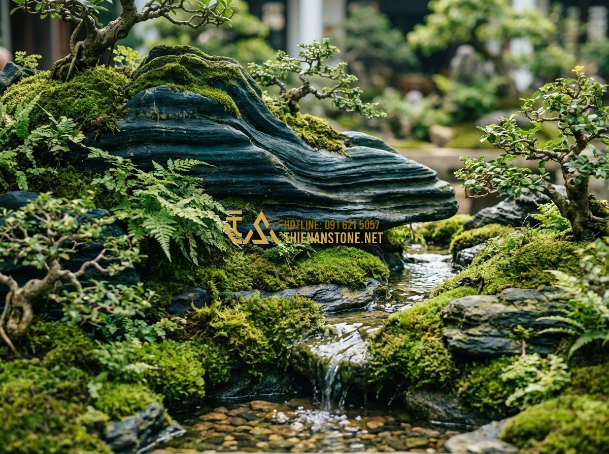 Hòn Non Bộ Phong Thủy: Đặt Ở Đâu, Cho Người Mệnh Gì Để Thu Hút Tài Lộc? - Tạo ảnh tiếng Anh: A lush and vibrant miniature mountain landscape tailored for