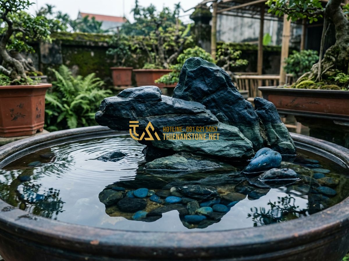 Hòn Non Bộ Phong Thủy: Đặt Ở Đâu, Cho Người Mệnh Gì Để Thu Hút Tài Lộc? - Tạo ảnh tiếng Anh: A serene and deep-toned miniature mountain with dark basalt r