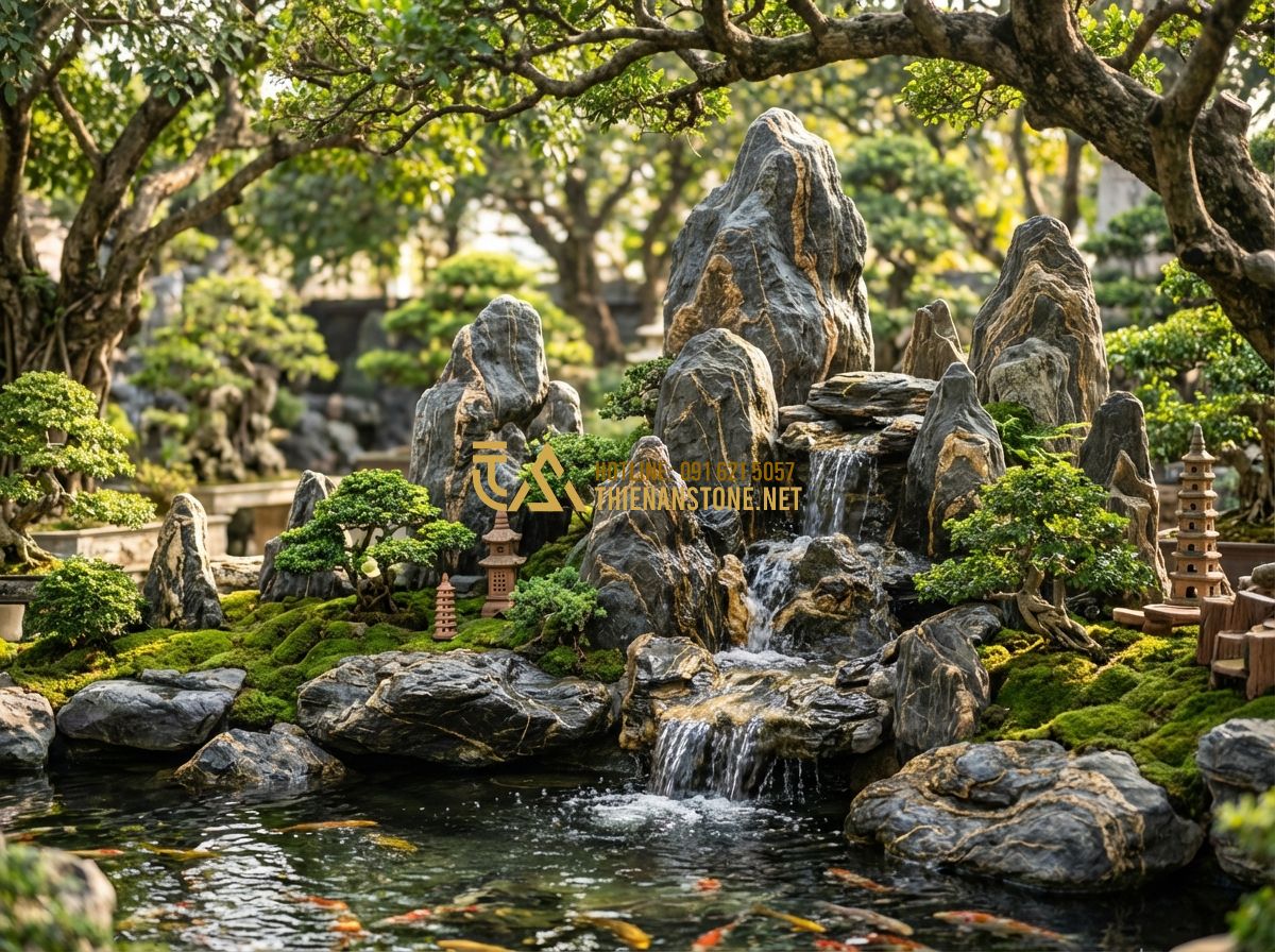 Hòn Non Bộ Sân Vườn Đẹp: Thi Công Tiểu Cảnh Ngoài Trời Giá Rẻ - Creating a high-quality photo of a majestic outdoor garden rockery (hon non bo)
