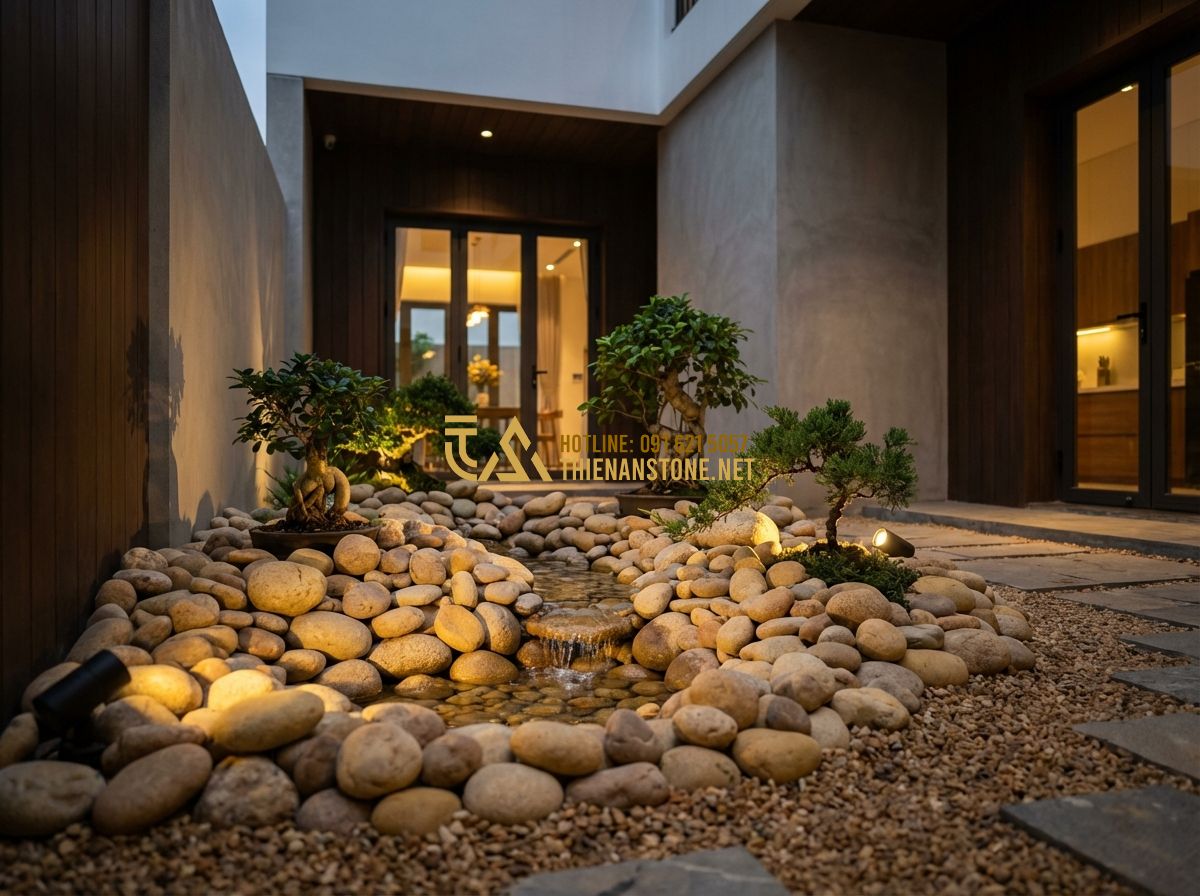 Hòn Non Bộ Sân Vườn Đẹp: Thi Công Tiểu Cảnh Ngoài Trời Giá Rẻ - A professional architectural visualization of a small, elegant rockery placed in