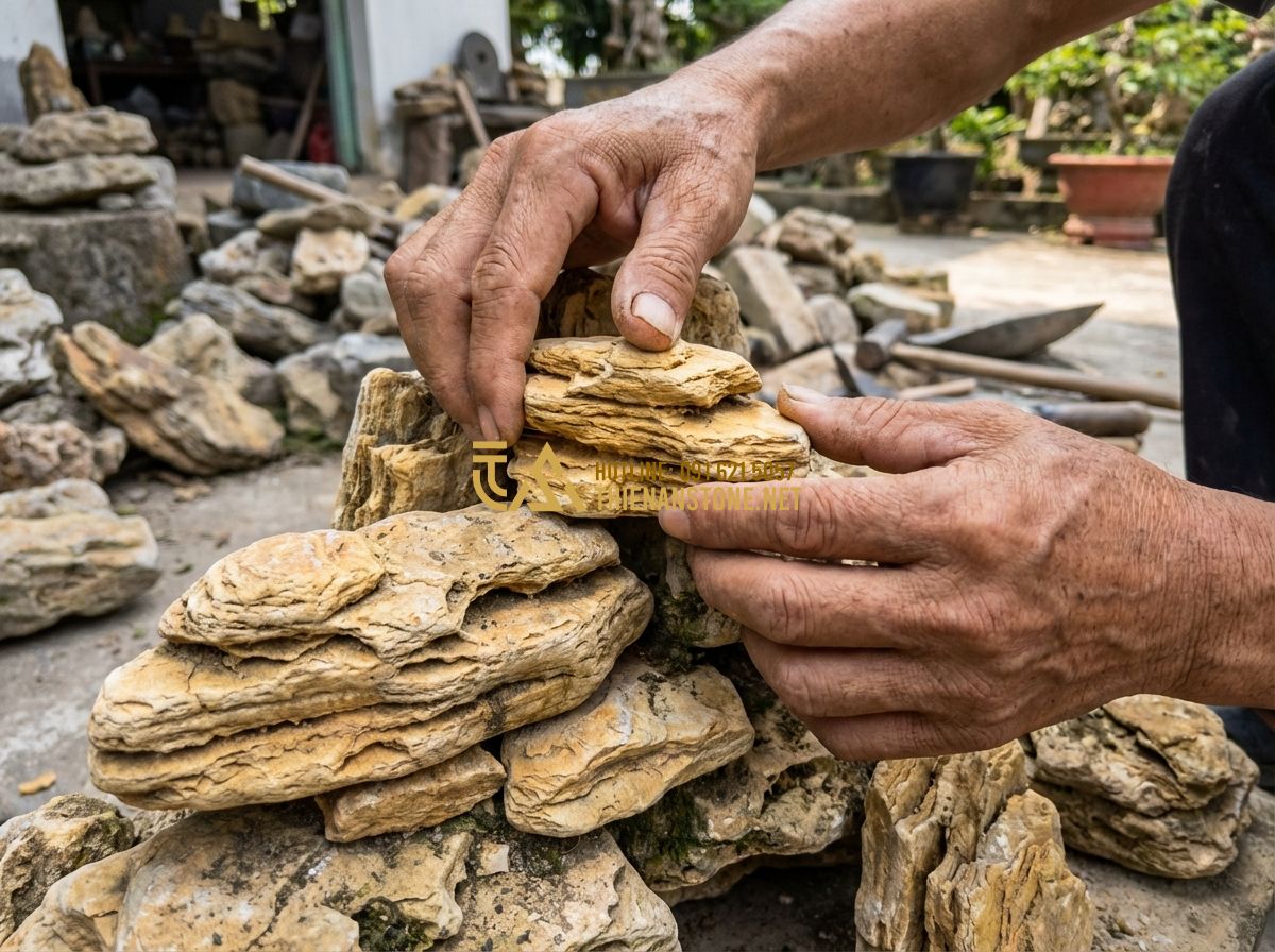 Hòn Non Bộ Sân Vườn Đẹp: Thi Công Tiểu Cảnh Ngoài Trời Giá Rẻ - Detailed process of a skilled artisan carefully placing weathered natural stones