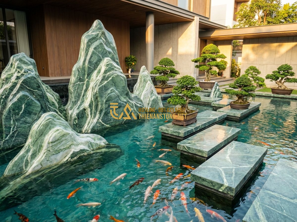 Hòn Non Bộ Sân Vườn Đẹp: Thi Công Tiểu Cảnh Ngoài Trời Giá Rẻ - A luxurious villa backyard featuring a contemporary rockery design with a large