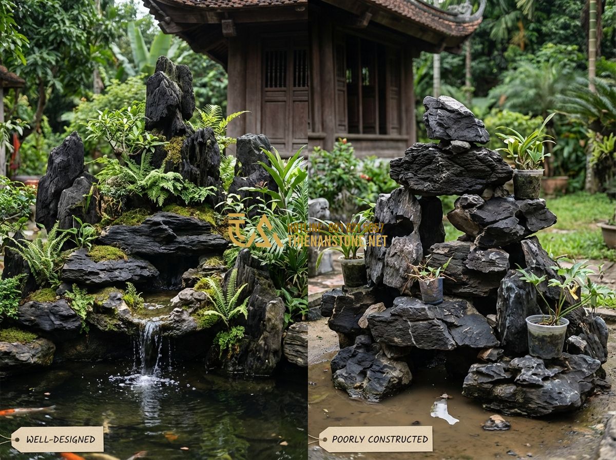 Hòn Non Bộ Sân Vườn Đẹp: Thi Công Tiểu Cảnh Ngoài Trời Giá Rẻ - Comparison of a well-designed rockery versus a poorly constructed one, side-by-s