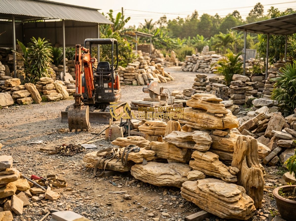 Hòn Non Bộ Sân Vườn Đẹp: Thi Công Tiểu Cảnh Ngoài Trời Giá Rẻ - The team at Thien An Stone workshop, skilled artisans working on a large-scale r
