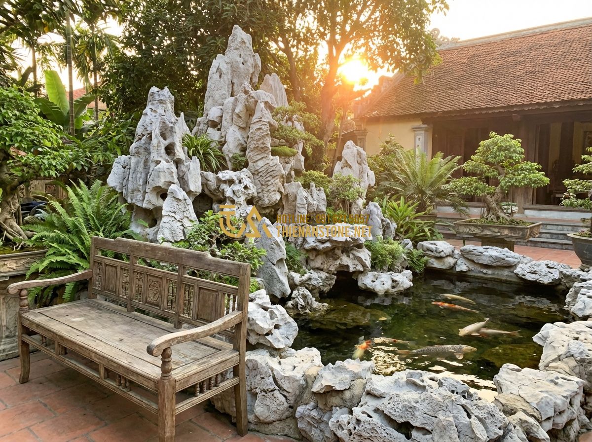 Hòn Non Bộ Sân Vườn Đẹp: Thi Công Tiểu Cảnh Ngoài Trời Giá Rẻ - A heartwarming scene of an elderly woman and her grandchild sitting on a wooden